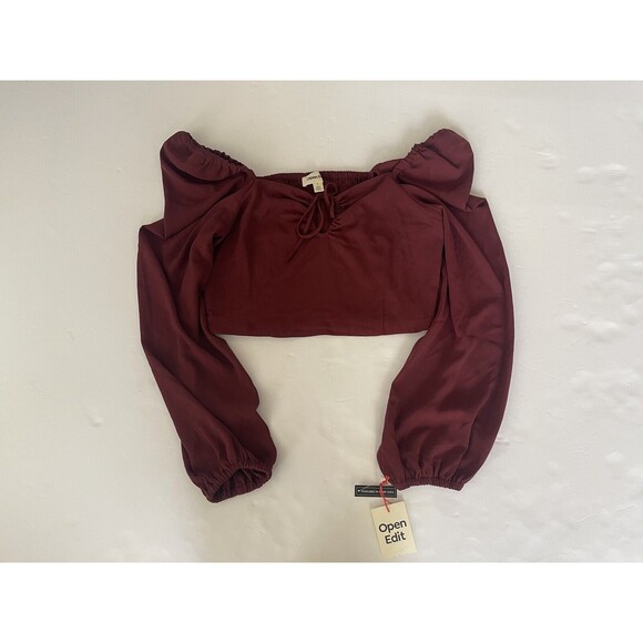 Open Edit Ruched Long Sleeve Keyhole Crop Top Burgundy Tannin S‎ - Picture 8 of 10